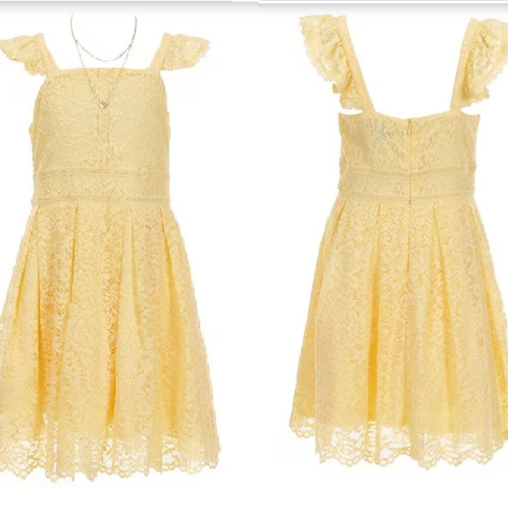 Girls age 7 - 9 Flutter sleeve Lace-Trimmed Canary Yellow Fit and Flare Dress